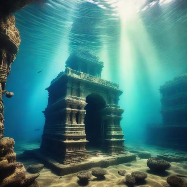 An underwater view of the lost city of Dwarka, with ancient ruins and temples submerged beneath the sea