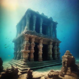 An underwater view of the lost city of Dwarka, with ancient ruins and temples submerged beneath the sea