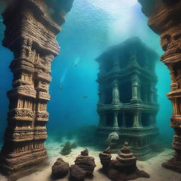 An underwater view of the lost city of Dwarka, with ancient ruins and temples submerged beneath the sea