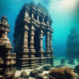 An underwater view of the lost city of Dwarka, with ancient ruins and temples submerged beneath the sea