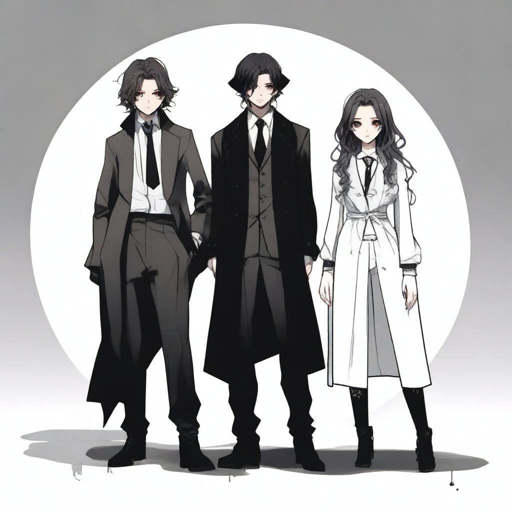 A scene featuring three characters: a boy dressed in black with a long black coat, a girl with an untucked white dress shirt with sleeves slightly past her elbows, loose black pants, a black tie, long black boots with laces, a black watch, grey and black rings, shoulder-length wavy hair, a defined jawline, brown eyes, and full lips