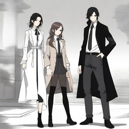 A scene featuring three characters: a boy dressed in black with a long black coat, a girl with an untucked white dress shirt with sleeves slightly past her elbows, loose black pants, a black tie, long black boots with laces, a black watch, grey and black rings, shoulder-length wavy hair, a defined jawline, brown eyes, and full lips