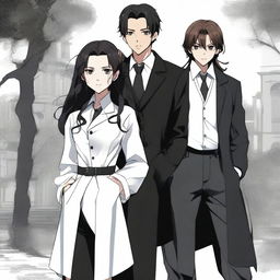 A scene featuring three characters: a boy dressed in black with a long black coat, a girl with an untucked white dress shirt with sleeves slightly past her elbows, loose black pants, a black tie, long black boots with laces, a black watch, grey and black rings, shoulder-length wavy hair, a defined jawline, brown eyes, and full lips