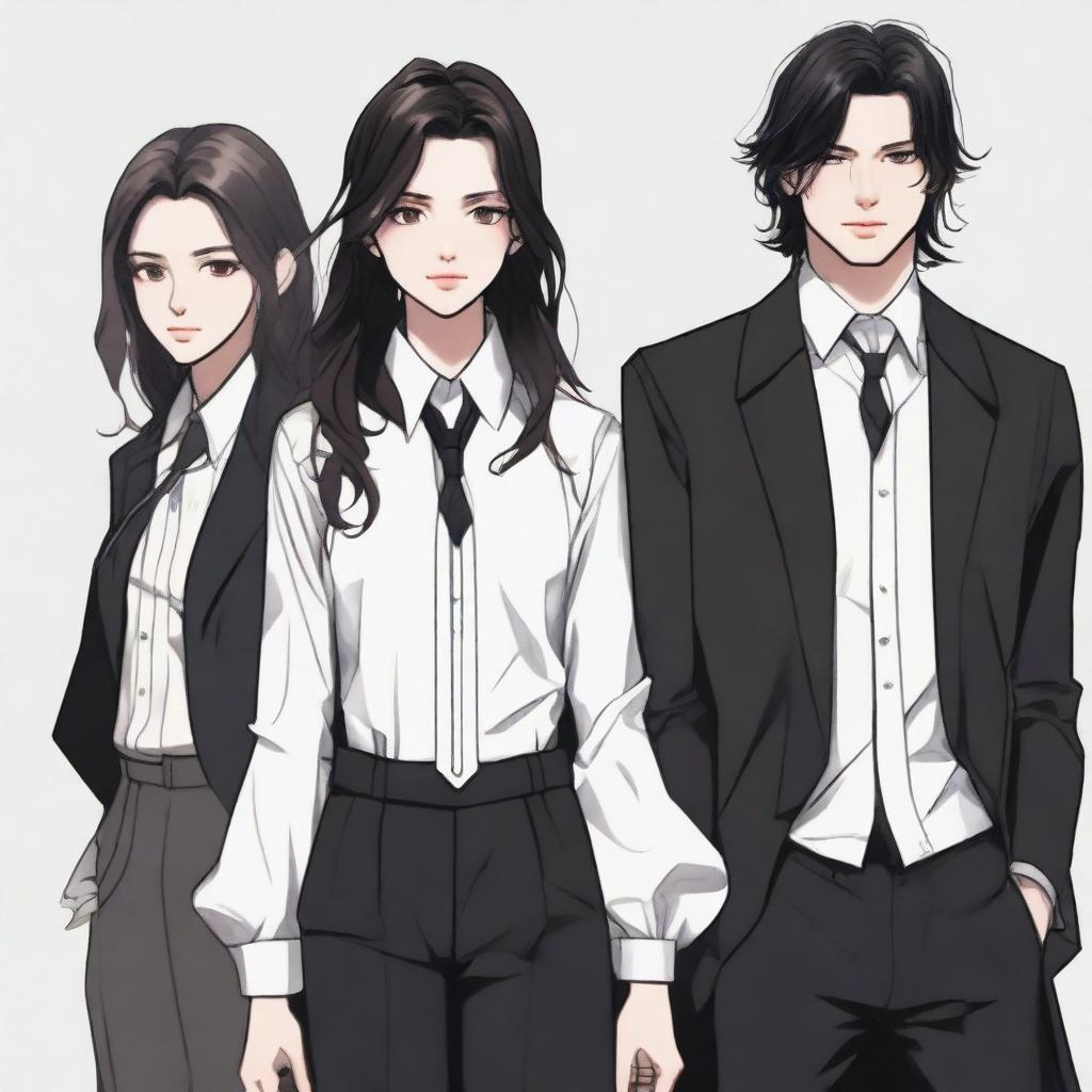 A realistic scene featuring three characters: a boy dressed in black with a long black coat, a girl with an untucked white dress shirt with sleeves slightly past her elbows, loose black pants, a black tie, long black boots with laces, a black watch, grey and black rings, shoulder-length wavy hair, a defined jawline, brown eyes, and full lips