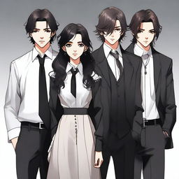 A realistic scene featuring three characters: a boy dressed in black with a long black coat, a girl with an untucked white dress shirt with sleeves slightly past her elbows, loose black pants, a black tie, long black boots with laces, a black watch, grey and black rings, shoulder-length wavy hair, a defined jawline, brown eyes, and full lips