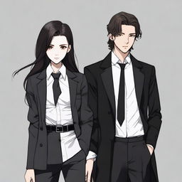 A realistic scene featuring three characters: a boy dressed in black with a long black coat, a girl with an untucked white dress shirt with sleeves slightly past her elbows, loose black pants, a black tie, long black boots with laces, a black watch, grey and black rings, shoulder-length wavy hair, a defined jawline, brown eyes, and full lips