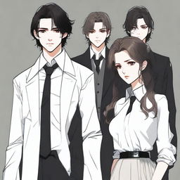 A realistic scene featuring three characters: a boy dressed in black with a long black coat, a girl with an untucked white dress shirt with sleeves slightly past her elbows, loose black pants, a black tie, long black boots with laces, a black watch, grey and black rings, shoulder-length wavy hair, a defined jawline, brown eyes, and full lips