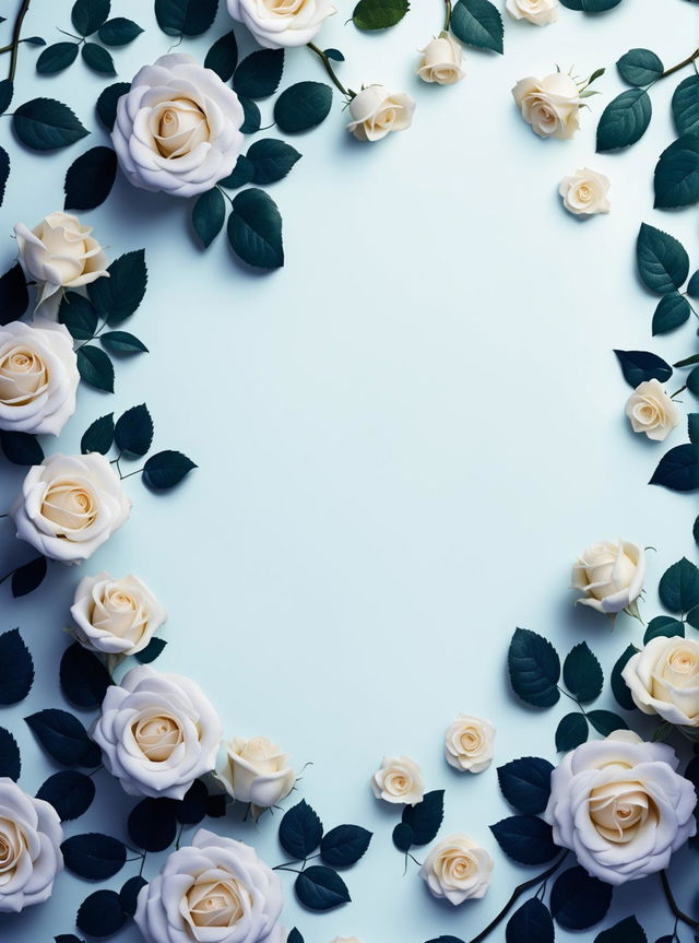 A beautiful wallpaper design with a light blue background and white roses slightly framing the wallpaper.