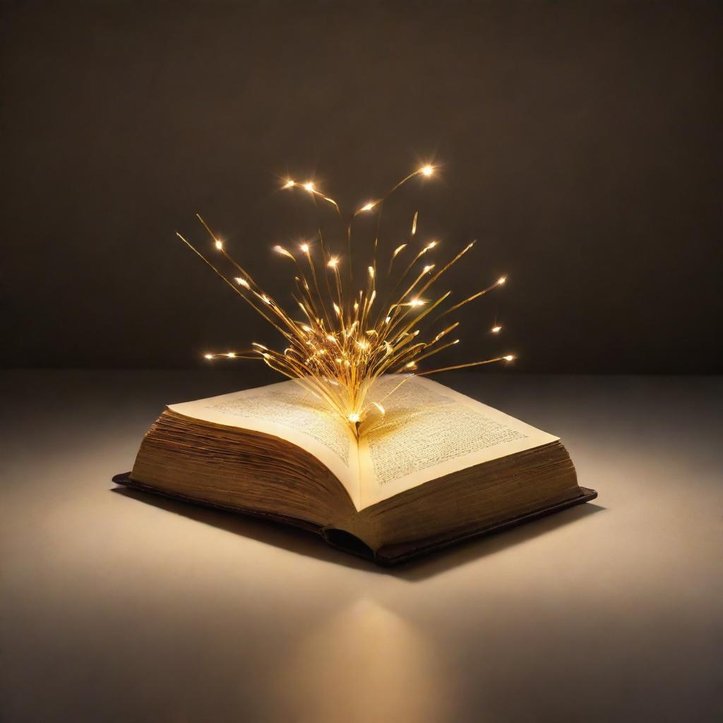 A dazzling golden book floating magically in a bright spotlight. The book radiates a golden glow, with shimmering pages turning of their own volition.