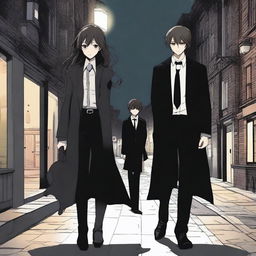 A realistic night scene on a street featuring three characters: a boy dressed in black with a long black coat, a girl with an untucked white dress shirt with sleeves slightly past her elbows, loose black pants, a black tie, long black boots with laces, a black watch, grey and black rings, shoulder-length wavy hair, a defined jawline, brown eyes, and full lips