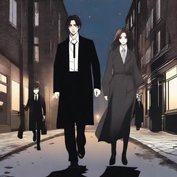 A realistic night scene on a street featuring three characters: a boy dressed in black with a long black coat, a girl with an untucked white dress shirt with sleeves slightly past her elbows, loose black pants, a black tie, long black boots with laces, a black watch, grey and black rings, shoulder-length wavy hair, a defined jawline, brown eyes, and full lips