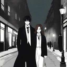 A realistic night scene on a street featuring three characters: a boy dressed in black with a long black coat, a girl with an untucked white dress shirt with sleeves slightly past her elbows, loose black pants, a black tie, long black boots with laces, a black watch, grey and black rings, shoulder-length wavy hair, a defined jawline, brown eyes, and full lips