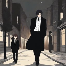 A realistic night scene on a street featuring three characters: a boy dressed in black with a long black coat, a girl with an untucked white dress shirt with sleeves slightly past her elbows, loose black pants, a black tie, long black boots with laces, a black watch, grey and black rings, shoulder-length wavy hair, a defined jawline, brown eyes, and full lips