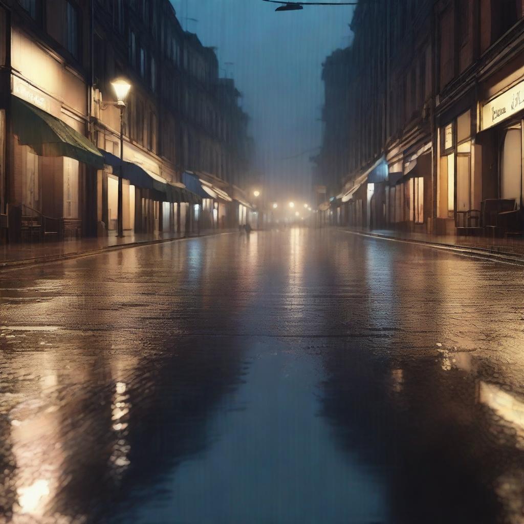 A realistic night scene on a street with rain