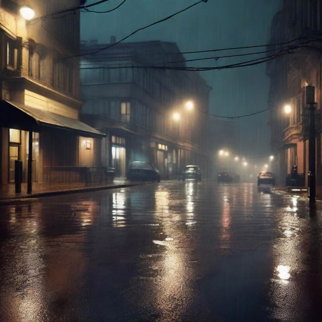 A realistic night scene on a street with rain