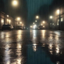 A realistic night scene on a street with rain