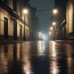 A realistic night scene on a street with rain