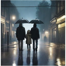 A realistic night scene on a street with rain