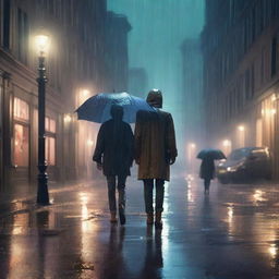 A realistic night scene on a street with rain