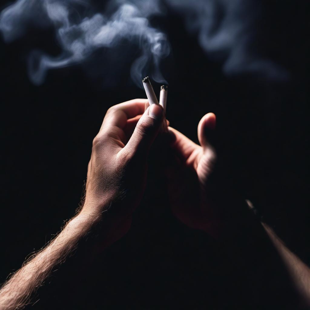 A close-up scene of two hands holding each other, with one of the hands also holding a lit cigarette