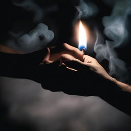 A close-up scene of two hands holding each other, with one of the hands also holding a lit cigarette