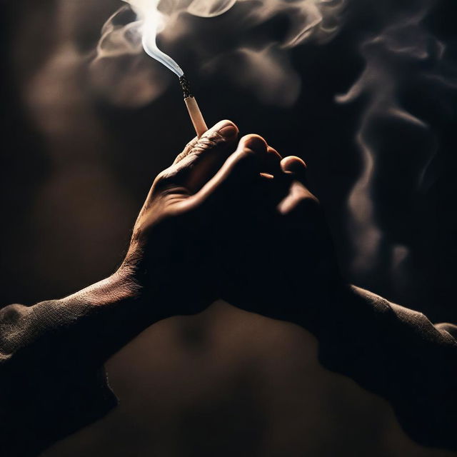 A close-up scene of two hands holding each other, with one of the hands also holding a lit cigarette