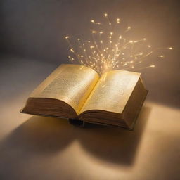 A dazzling golden book floating magically in a bright spotlight. The book radiates a golden glow, with shimmering pages turning of their own volition.