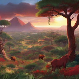 A breathtaking skyview of an African-themed landscape featuring a lush jungle with rich, vibrant red and gold hues