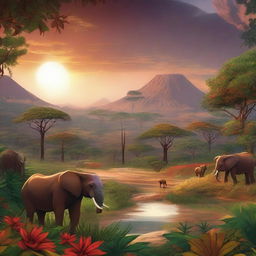 A breathtaking skyview of an African-themed landscape featuring a lush jungle with rich, vibrant red and gold hues