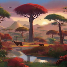 A breathtaking skyview of an African-themed landscape featuring a lush jungle with rich, vibrant red and gold hues