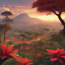 A breathtaking skyview of an African-themed landscape featuring a lush jungle with rich, vibrant red and gold hues