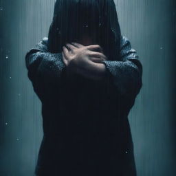 A dark and rainy background with two hands holding each other from corner to corner, one belonging to a woman