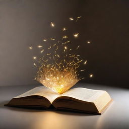 A dazzling golden book floating magically in a bright spotlight. The book radiates a golden glow, with shimmering pages turning of their own volition.