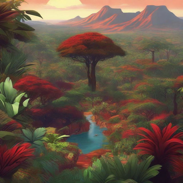 A stunning topdown view of an African-themed landscape featuring a dense jungle with vibrant red and gold tones