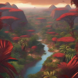 A stunning topdown view of an African-themed landscape featuring a dense jungle with vibrant red and gold tones