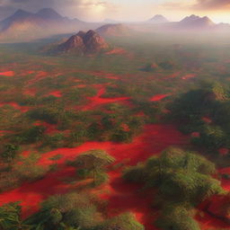 A satellite view of an African-themed landscape showcasing a dense jungle with vivid red and gold colors