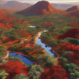 A satellite view of an African-themed landscape showcasing a dense jungle with vivid red and gold colors