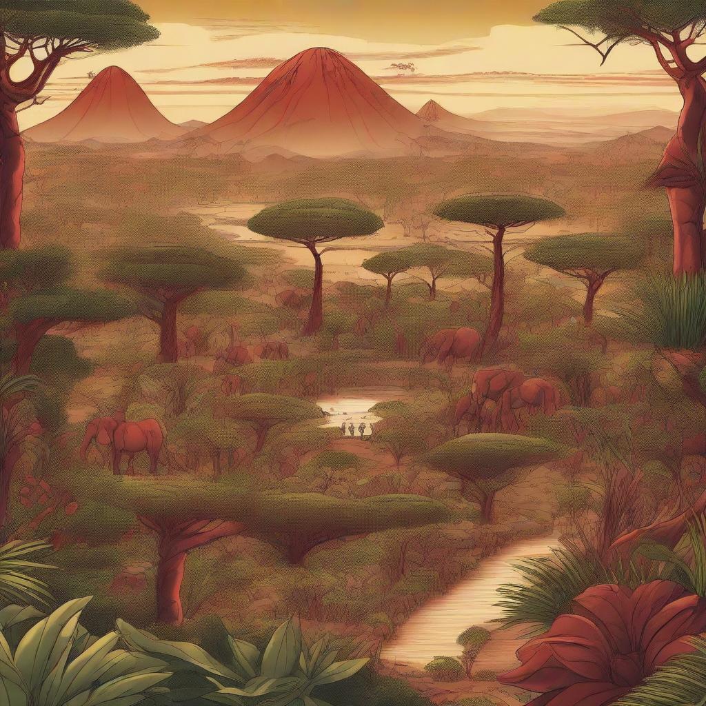 A detailed map of an African-themed landscape illustrated in concept art style