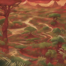 A detailed map of an African-themed landscape illustrated in concept art style