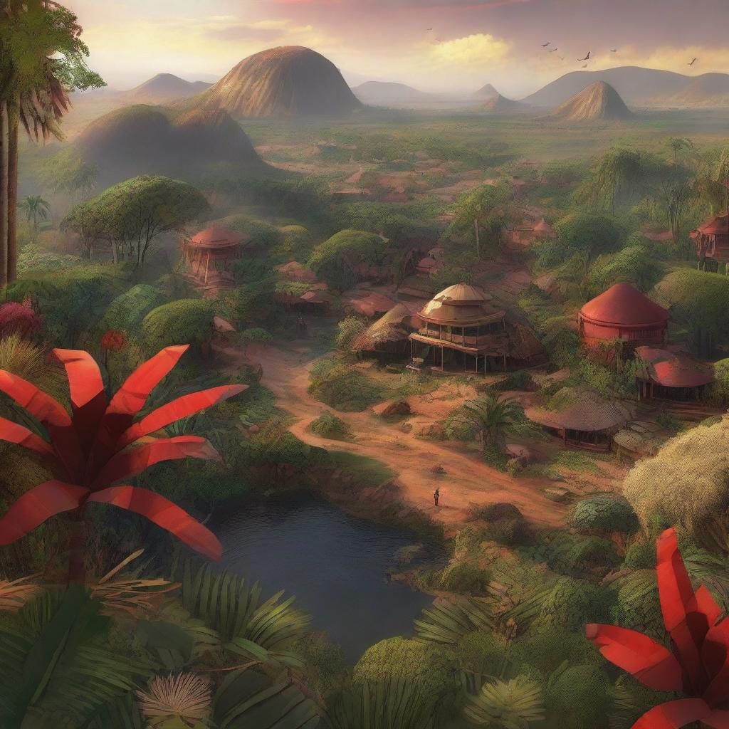 A bird's-eye view of an African-themed landscape depicted in an extravagant concept art style