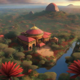 A bird's-eye view of an African-themed landscape depicted in an extravagant concept art style