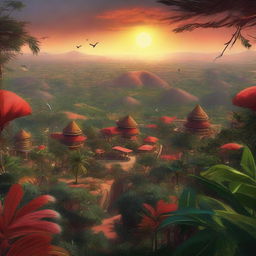 A bird's-eye view of an African-themed landscape depicted in an extravagant concept art style