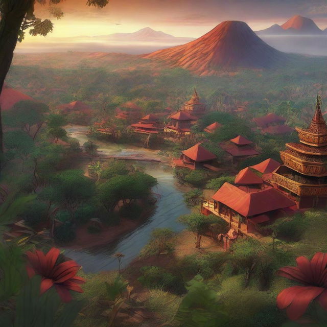 A bird's-eye view of an African-themed landscape depicted in an extravagant concept art style