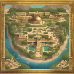 A detailed map of an Egyptian-themed landscape illustrated in concept art style