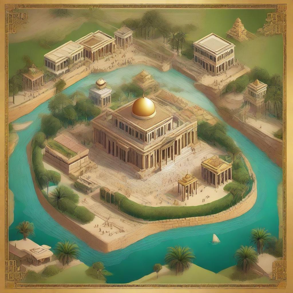 A detailed map of an Egyptian-themed landscape illustrated in concept art style