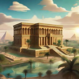 A skyview of an Egyptian-themed landscape illustrated in an extravagant concept art style