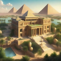 A skyview of an Egyptian-themed landscape illustrated in an extravagant concept art style