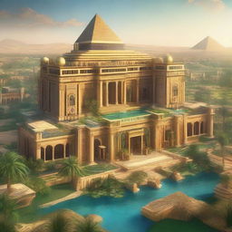 A skyview of an Egyptian-themed landscape illustrated in an extravagant concept art style