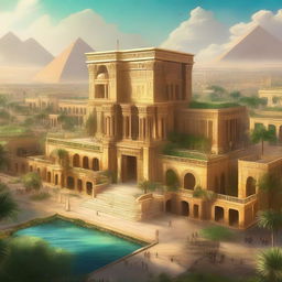 A skyview of an Egyptian-themed landscape illustrated in an extravagant concept art style