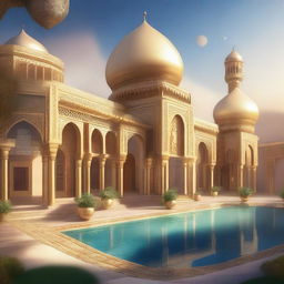 A skyview of an Arabic-themed landscape illustrated in a rich concept art style